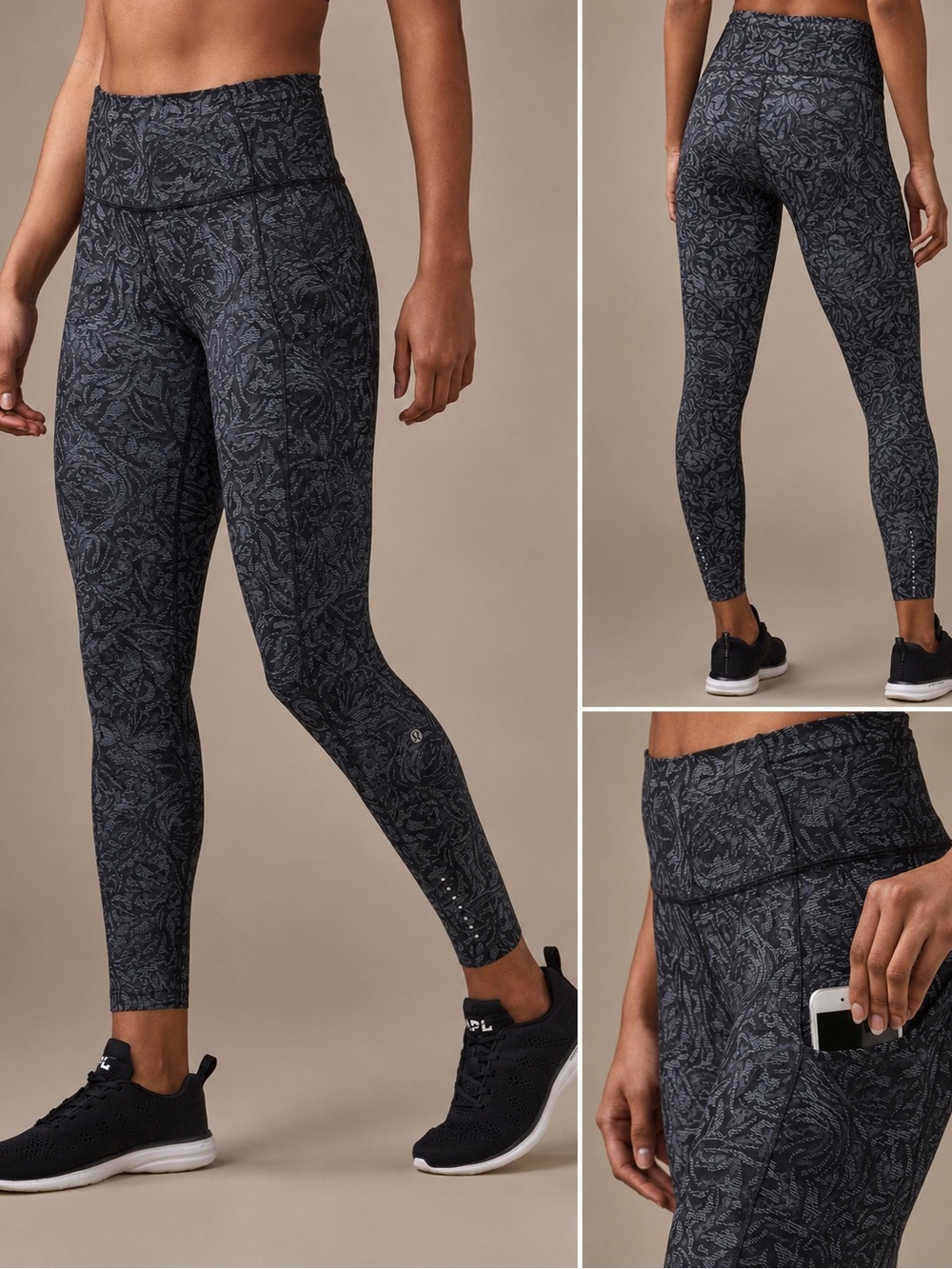 Lululemon Fast & Free High Rise 25” Leggings Gray Black Floral Print Size 10